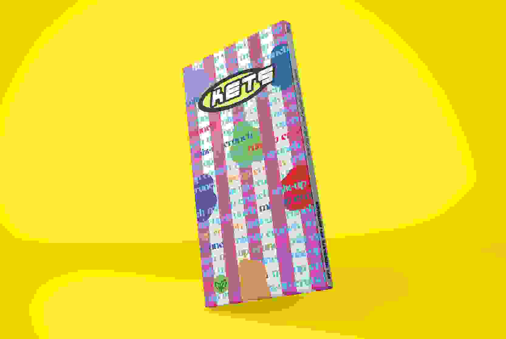 KETS chocolate bar packaging with logo and a range of colours from, yellow, green, blue,  red, pink and purple. All on a. yellow background.